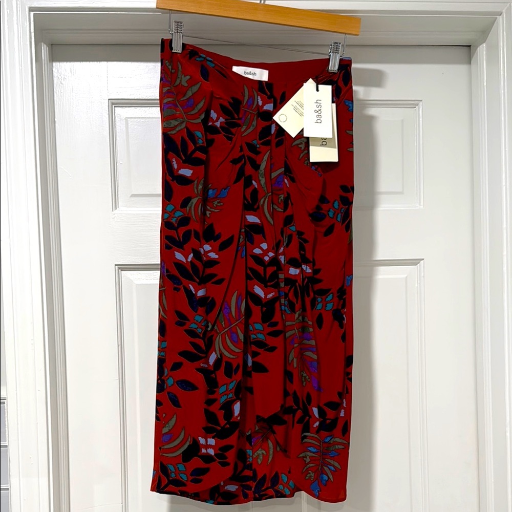ba&sh Red Floral Print Midi Skirt with Black & Blue Accents
